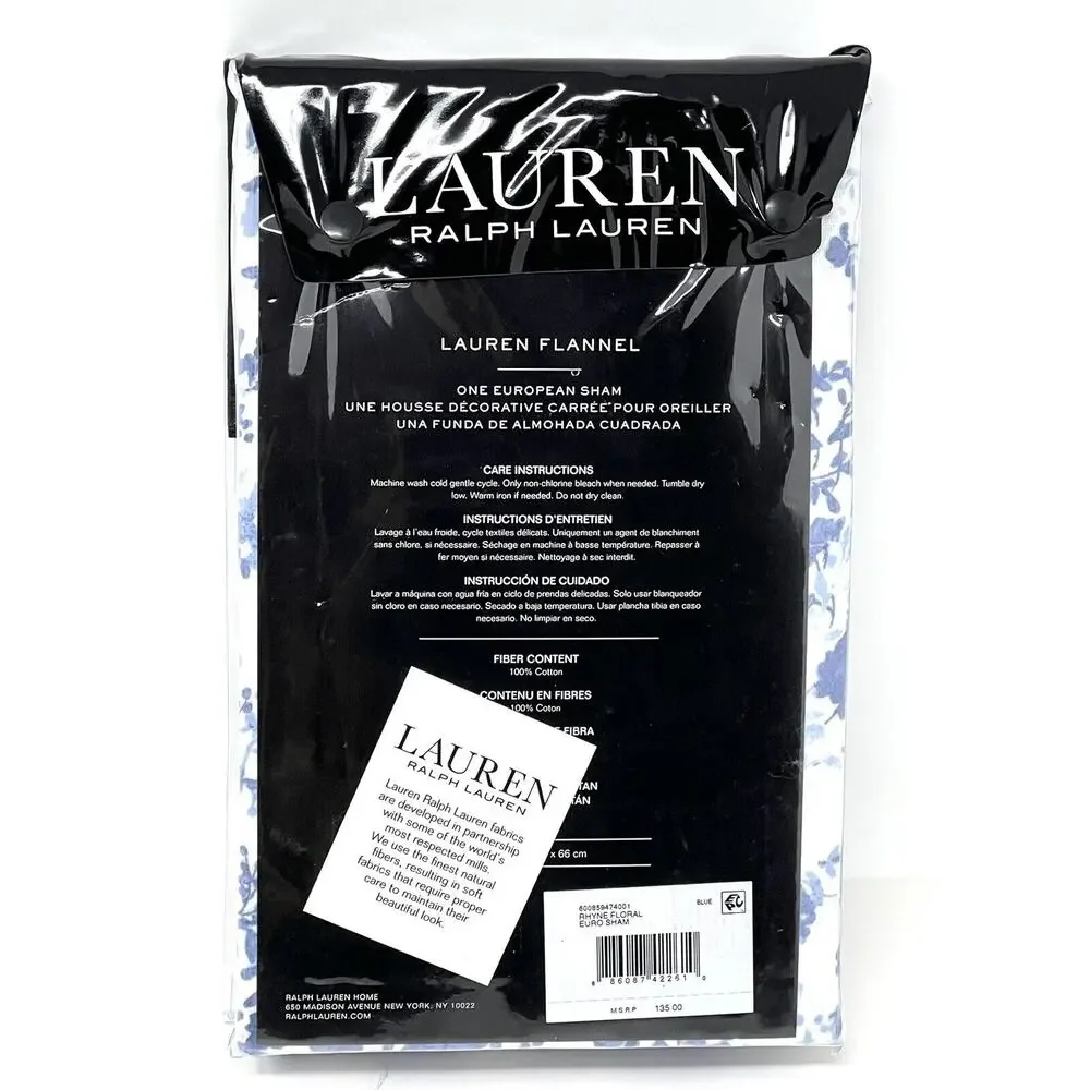 Ralph Lauren FLANNEL Rhyne Floral Euro Pillow Sham BLUE 26” X 26” $135 NIP